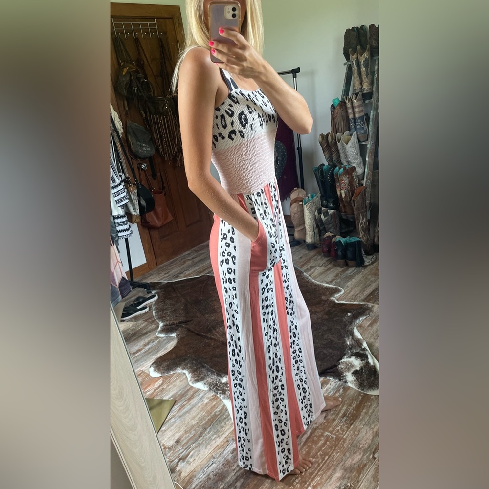 Leopard stripe smocked jumpsuit